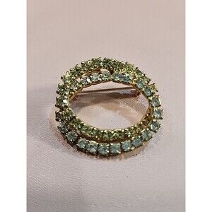 Vintage Lime Green  & White Rhinestone Oval Circle Brooch Pin B03